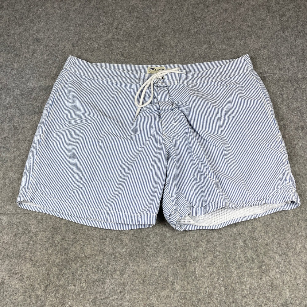 J.Crew Mens Seersucker Swim Trunks Blue White Striped Cotton Mesh Lined Size 38